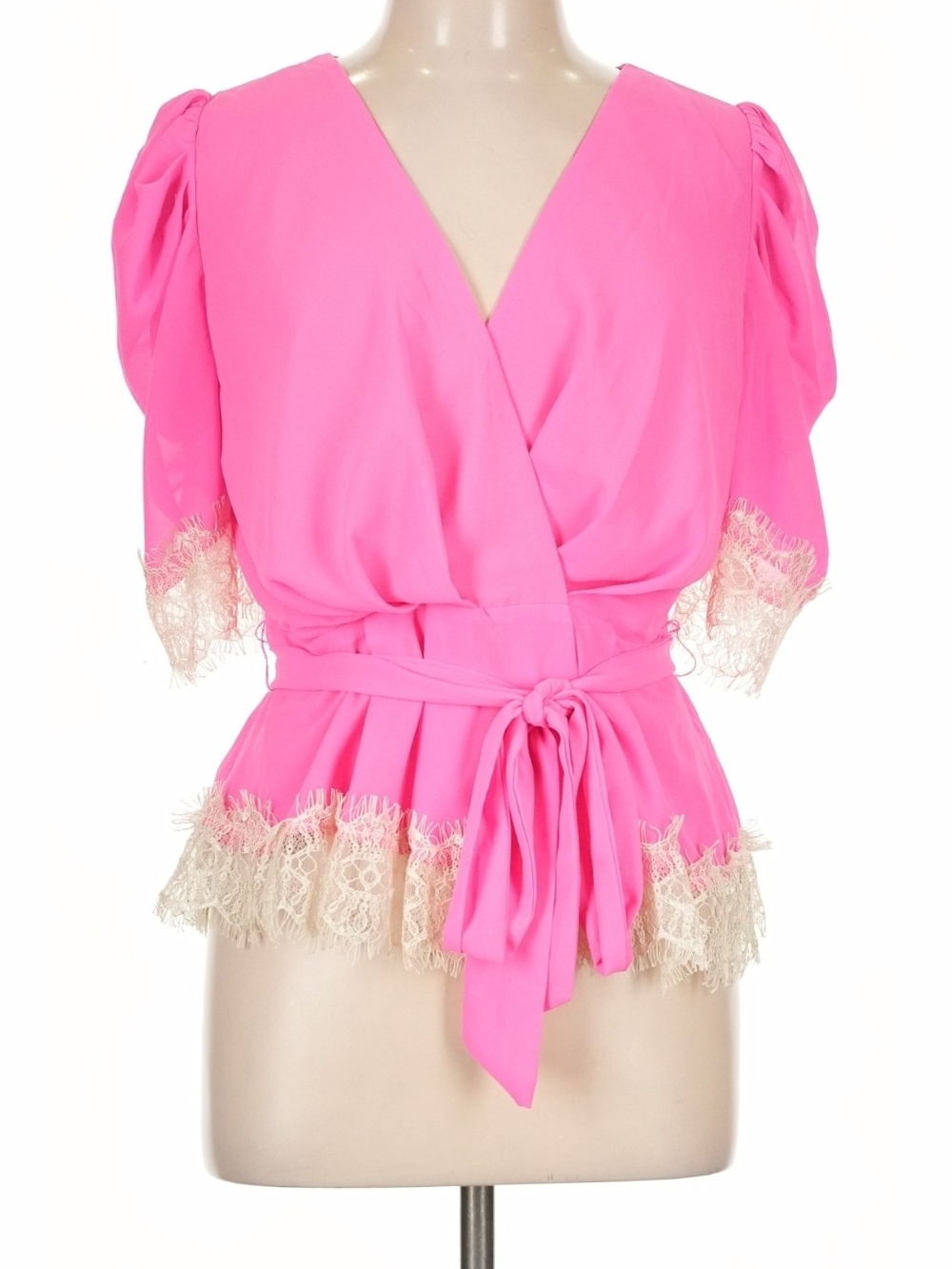 Jealous Tomato Hot Pink Lace-Trim Wrap Top with Tie Waist Size L